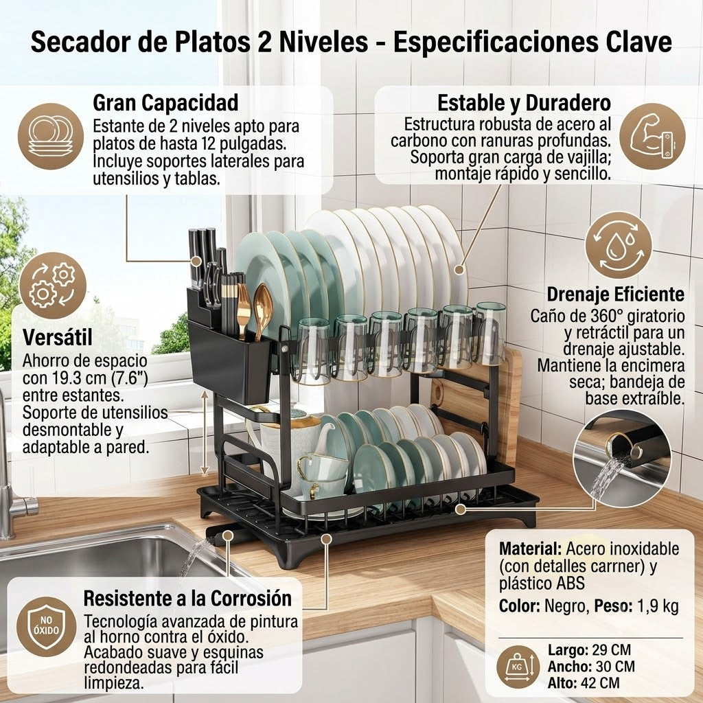 Secaplatos de Acero Inoxidable de 2 Niveles